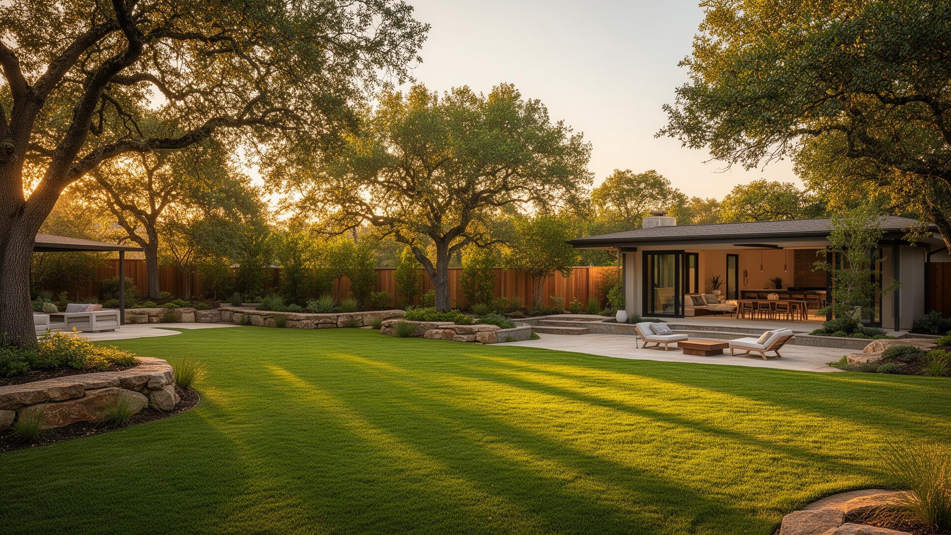 Beautifully landscaped property with stone patio and green lawn